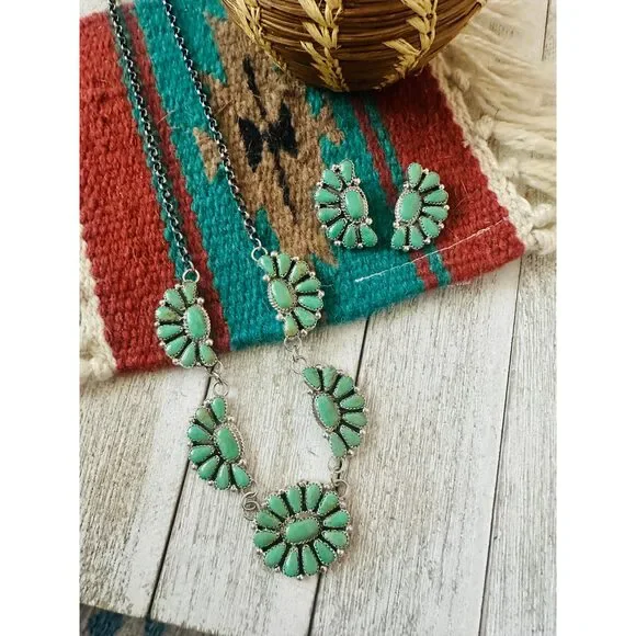 Navajo Sterling Silver & Turquoise Cluster Necklace and Earring Set - Picture 1 of 8